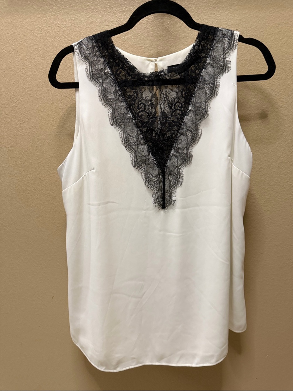 White House Black Market White Sleeveless Top with Black Lace V-Neck
